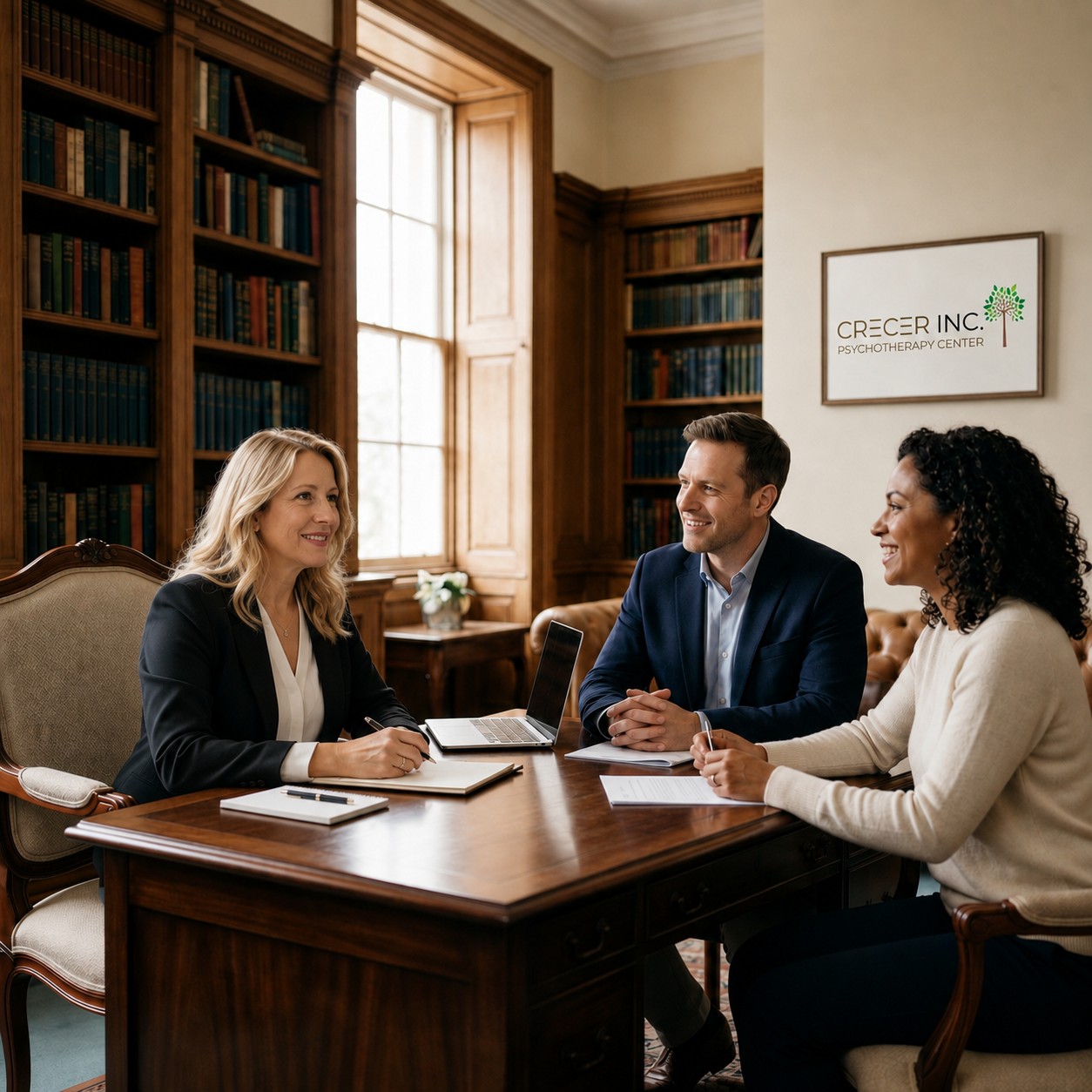 Priska Imberti leading a professional meeting at her office desk