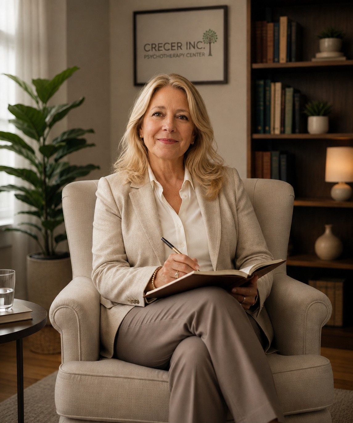 Priska Imberti, LCSW-R, BCC – Founder of Crecer Inc, seated in her office